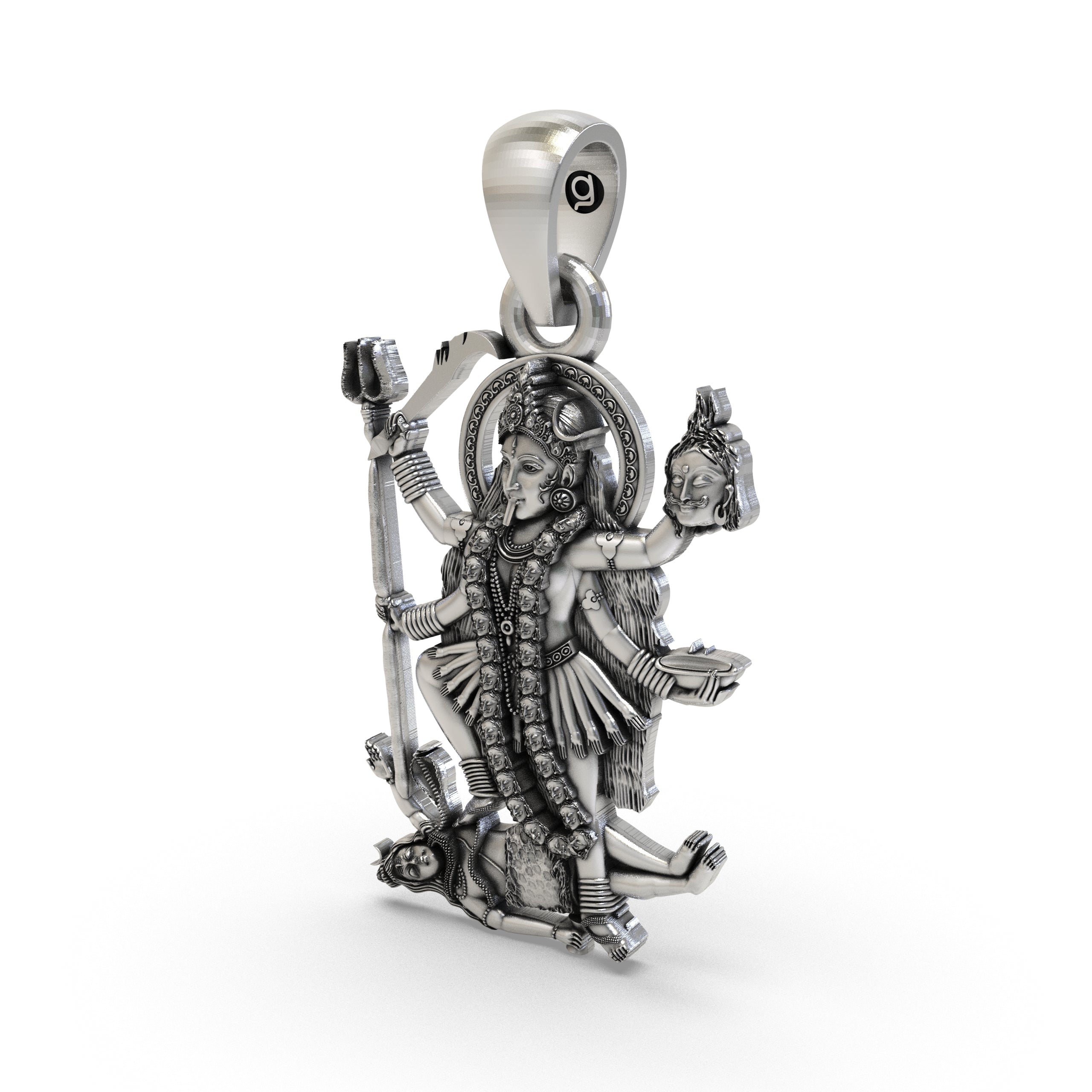 The lightweight hollow back design of the oxidized sterling silver Kali Ma pendant for comfortable daily wear.