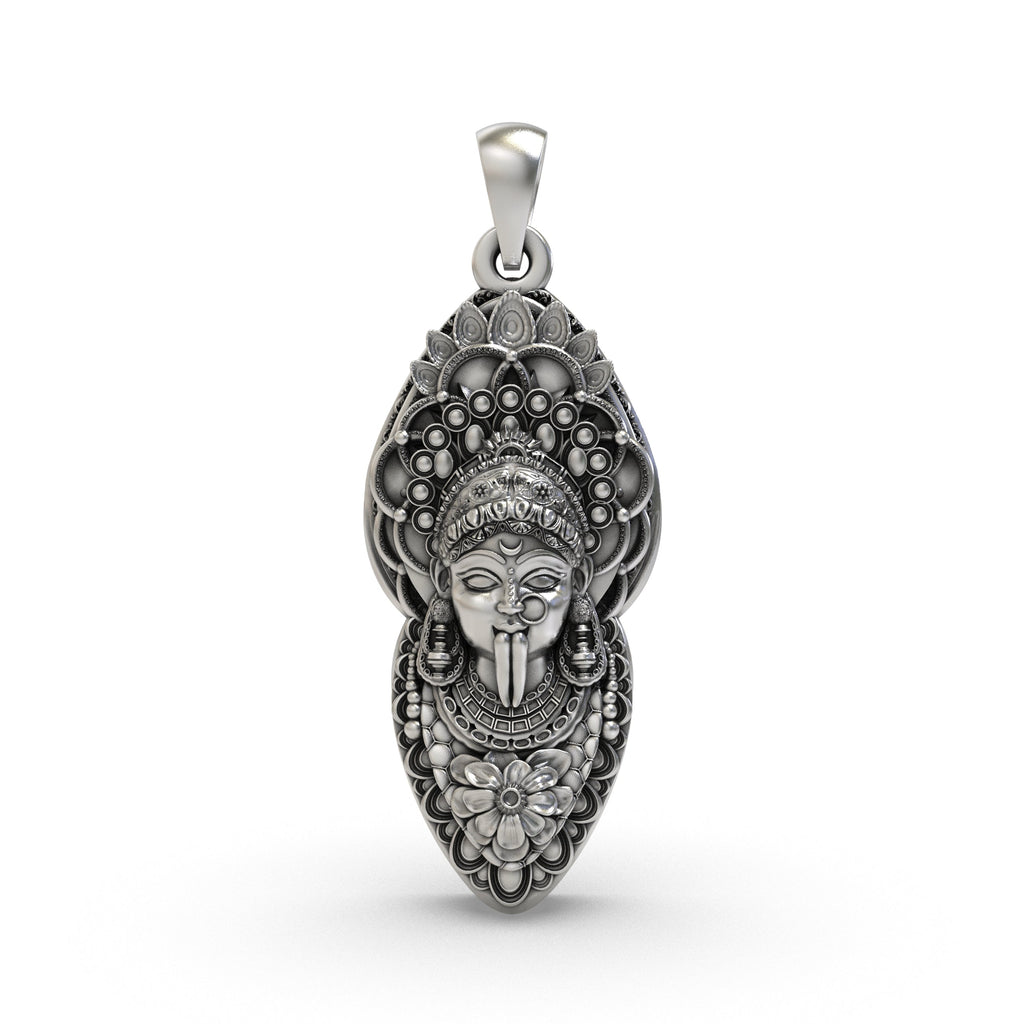 Front view of the handcrafted 925 silver Kalimaa face pendant showing its fierce and detailed expression.