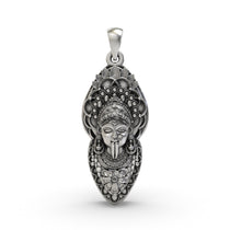 Front view of the handcrafted 925 silver Kalimaa face pendant showing its fierce and detailed expression.