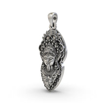 Angled profile of the sterling silver Kali Ma locket, highlighting the oxidized finish and intricate details.