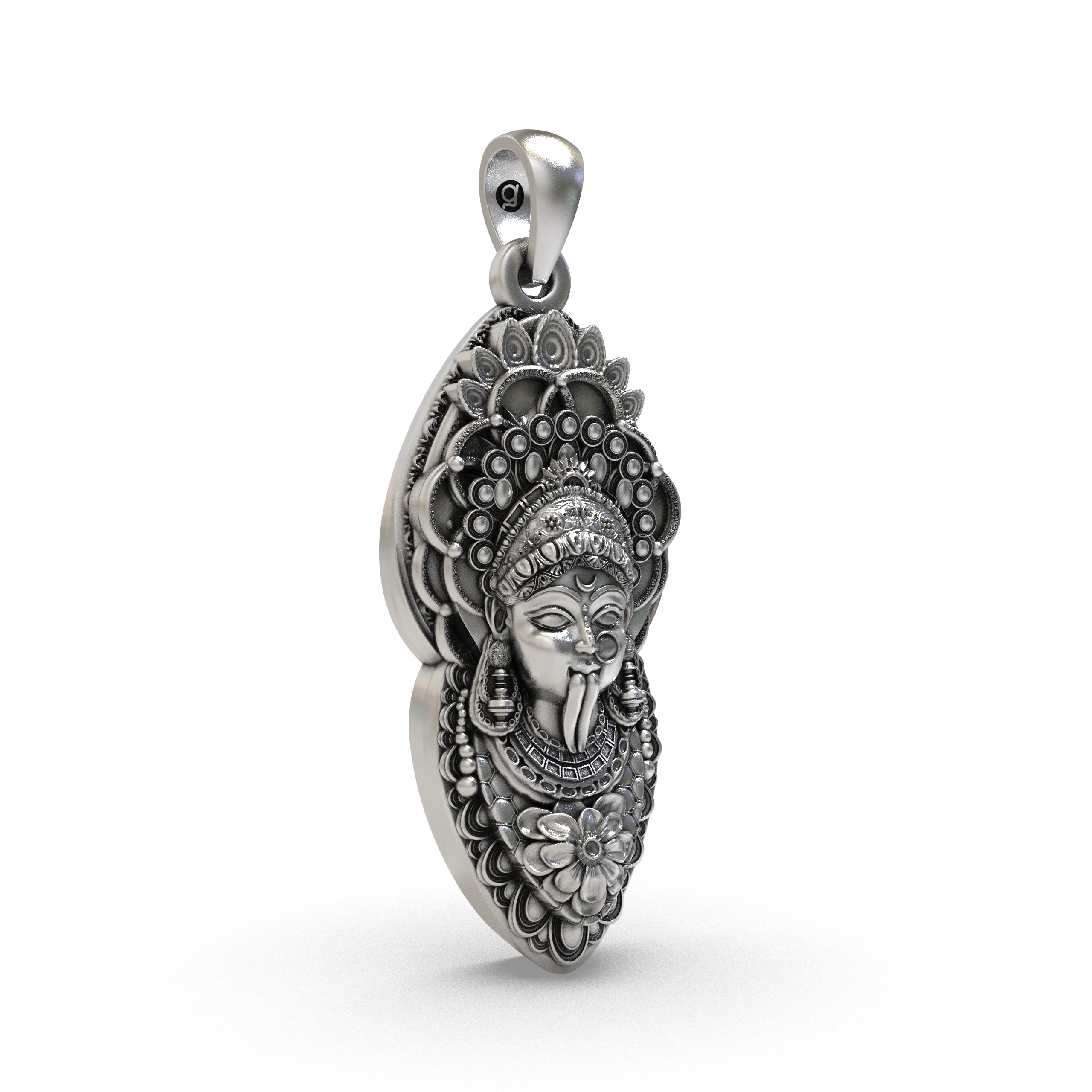 Close-up detail of the powerful Kalimaa face pendant, crafted from pure 925 silver for spiritual protection.