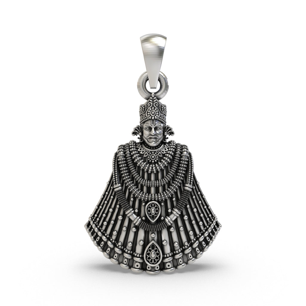 A detailed front view of the 925 silver Khatu Shyam Ji pendant, showcasing the serene expression of the deity.