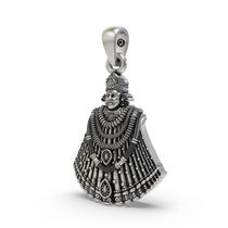 Angled side profile of the Khatu Shyam Ji locket in sterling silver, highlighting its beautiful oxidized finish.