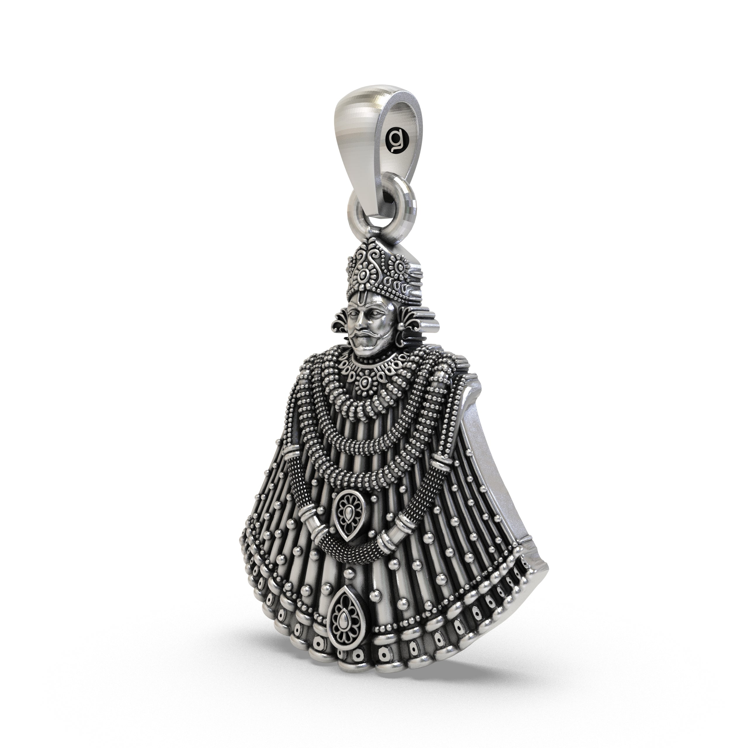 Angled side profile of the Khatu Shyam Ji locket in sterling silver, highlighting its beautiful oxidized finish.