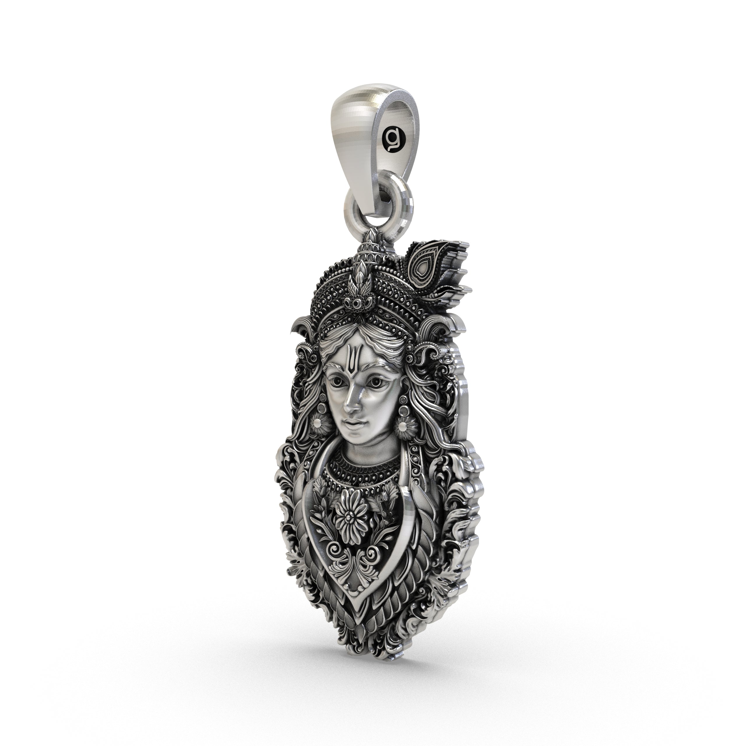 A three-quarter angle of the Shree Krishna pendant in 925 sterling silver, highlighting its divine form.