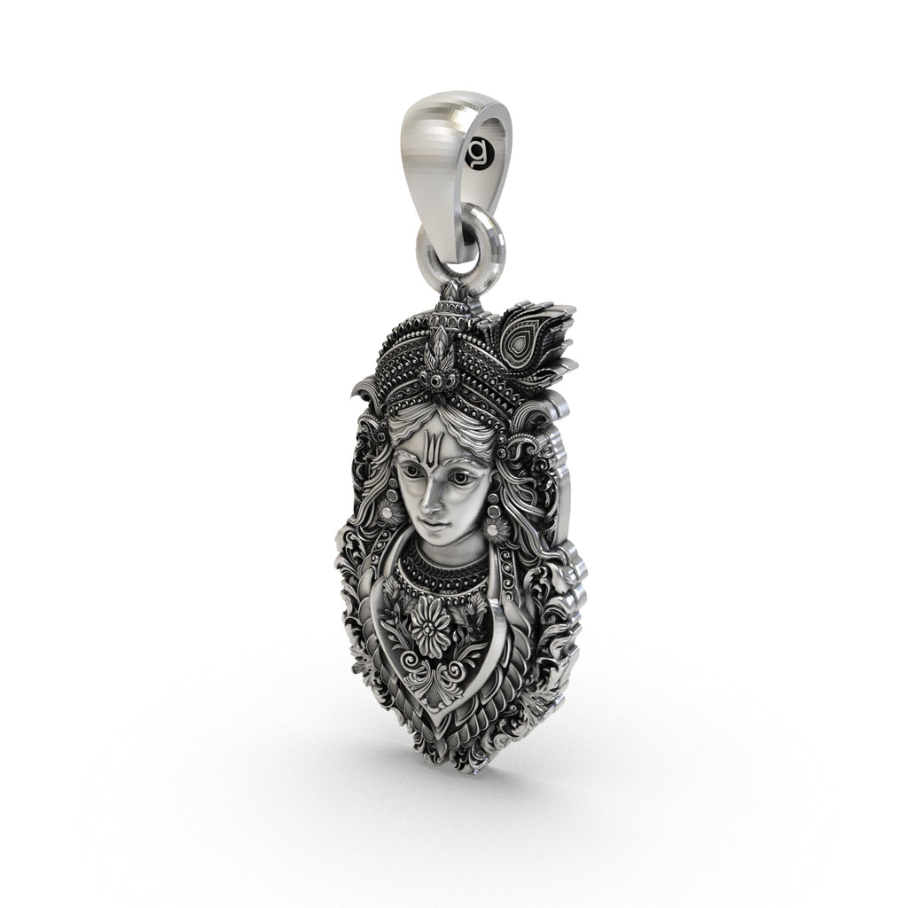 Spiritual 925 silver Krishna pendant for men and women, shown from a side profile to reveal its depth.