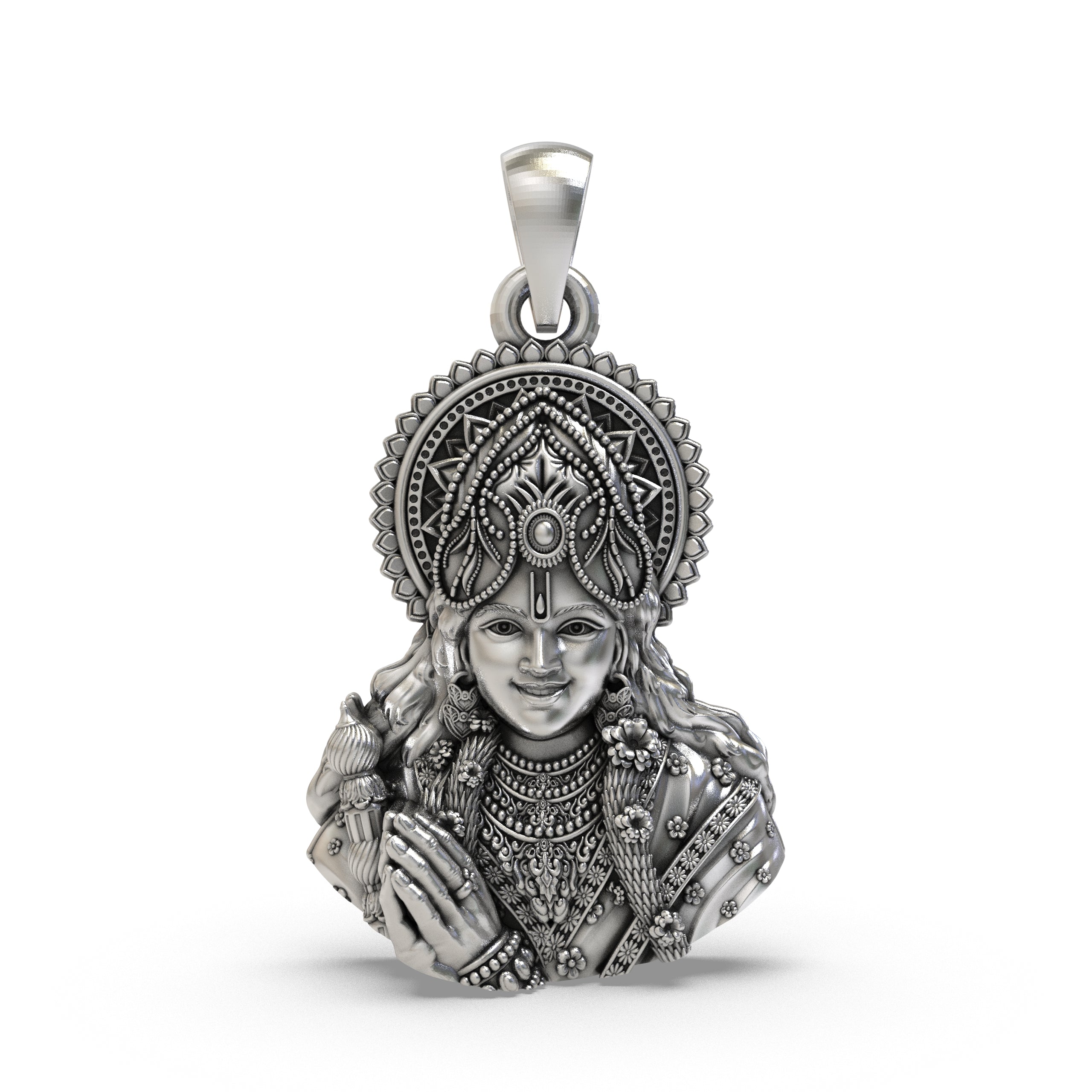 Front view of the handcrafted 925 silver Krishna face pendant showing serene facial details and an oxidized finish.