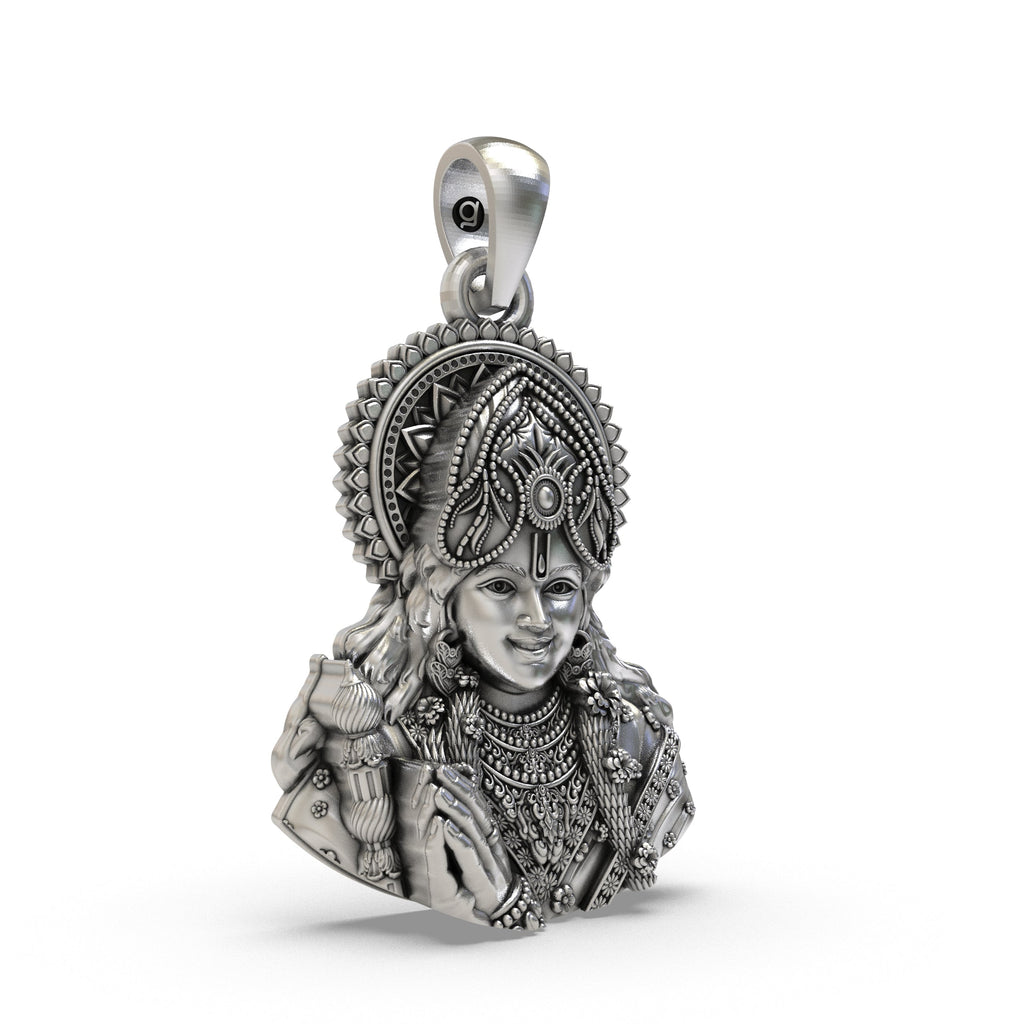 Close-up detail of the spiritual Krishna pendant, showcasing the intricate metalwork on the 925 oxidized silver.