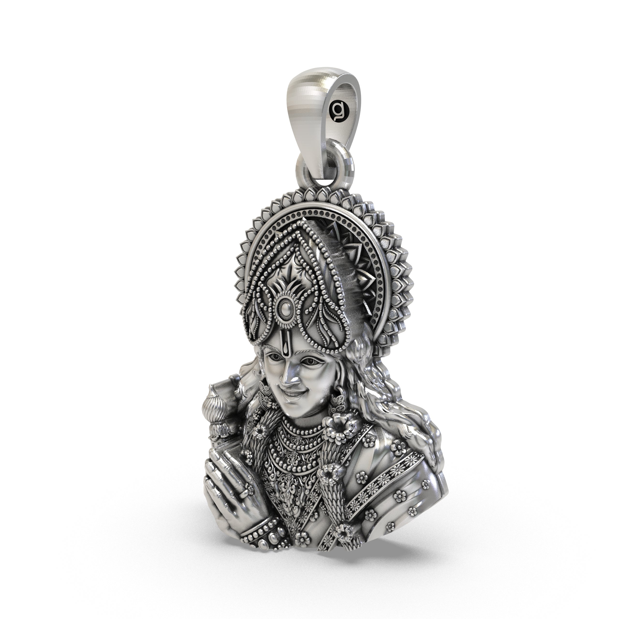 The 925 silver Shree Krishna face pendant showing its hollow back design for lightweight, comfortable daily wear.
