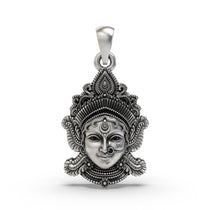 Front view of the 925 silver Lakshmi Maa face pendant showcasing the intricate details of the Hindu goddess of wealth.