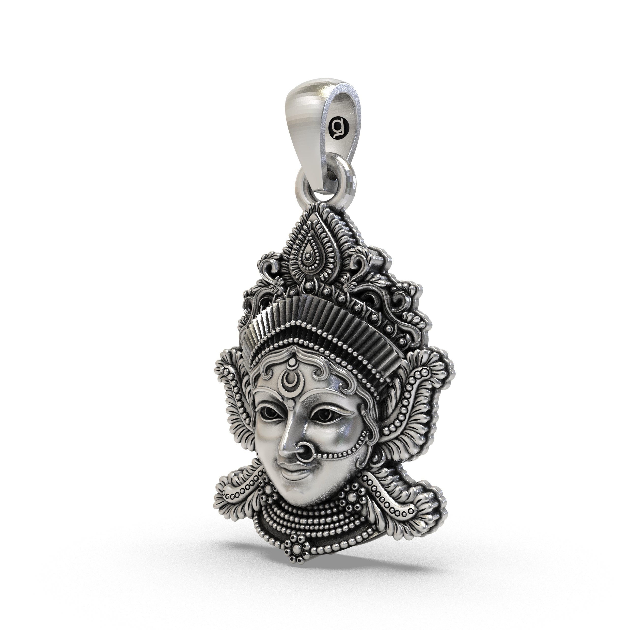 Angled side view of the oxidized 925 silver Goddess Lakshmi pendant, highlighting its divine and serene expression.