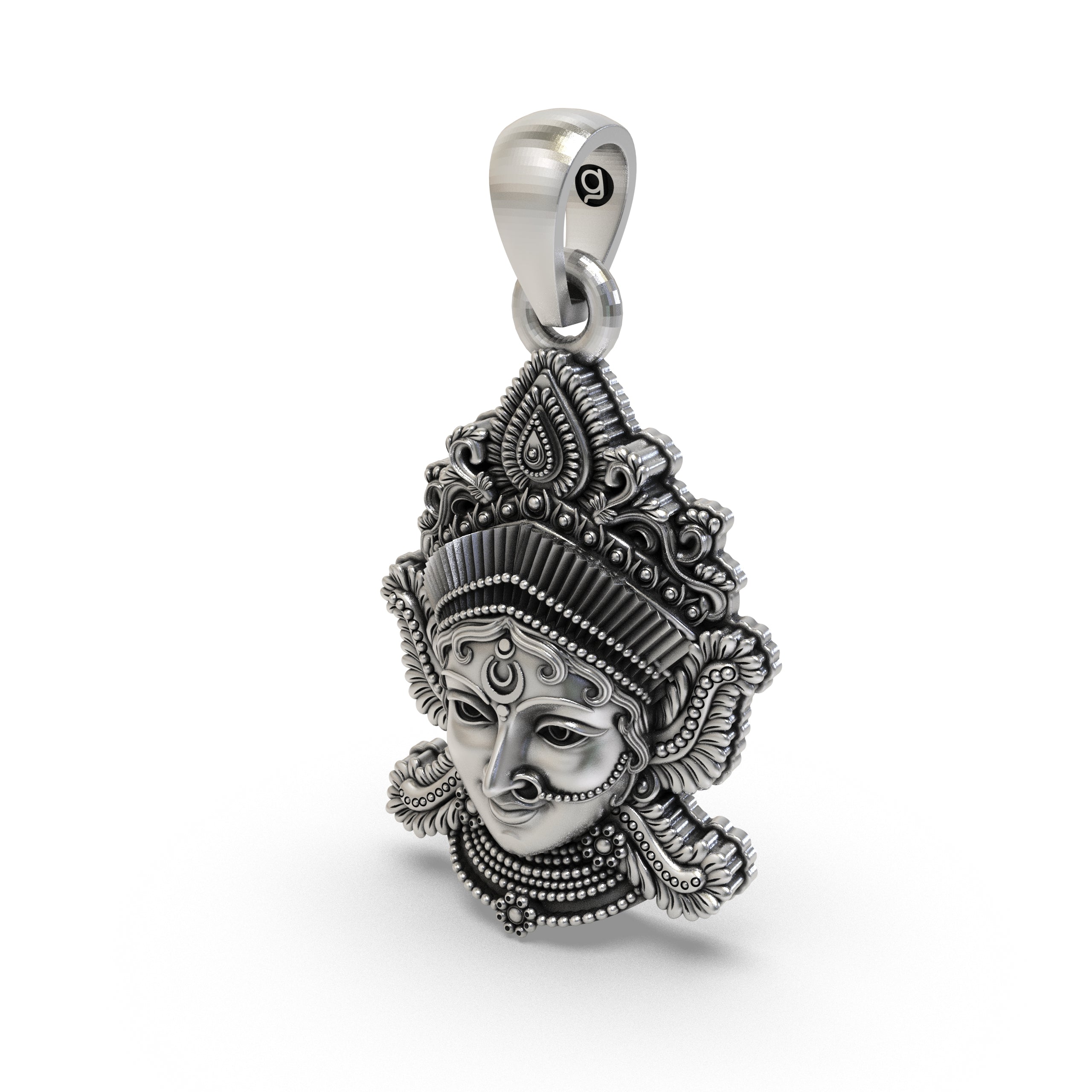 Spiritual 925 silver Lakshmi Maa pendant for prosperity, shown from a perspective view on a textured gray surface.