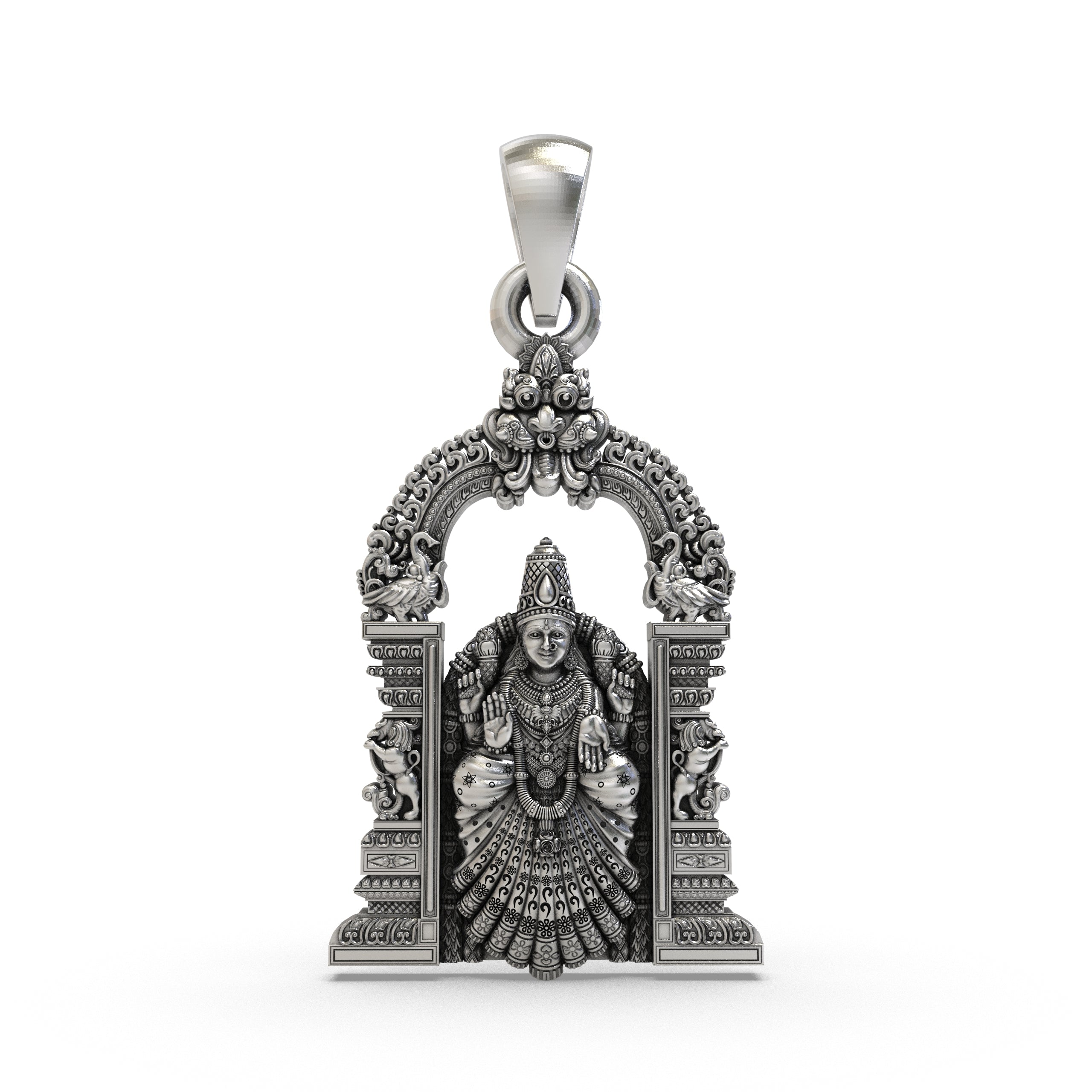 Front view of the 925 silver Padmavathi Devi pendant showing intricate South Indian temple style craftsmanship. Main image