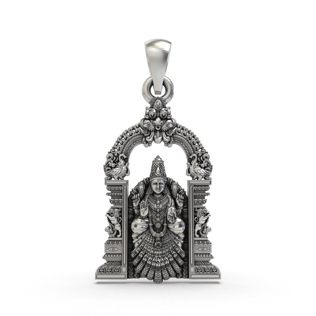 Front view of the 925 silver Padmavathi Devi pendant showing intricate South Indian temple style craftsmanship.