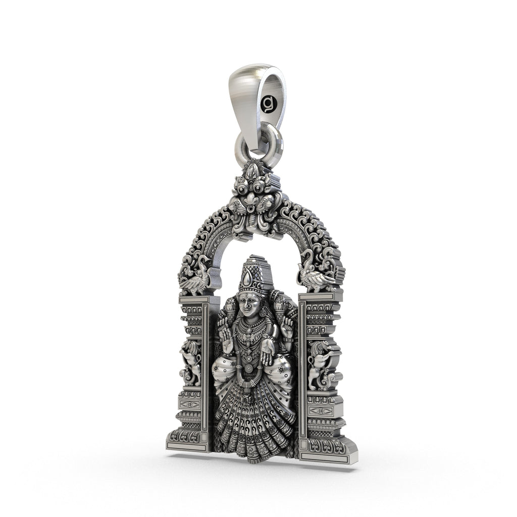 Angled view of the oxidized 925 silver Alamelu Manga Padmavathi pendant highlighting its detailed carvings.