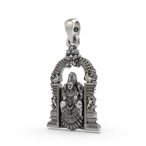 Angled view of the oxidized 925 silver Alamelu Manga Padmavathi pendant highlighting its detailed carvings.