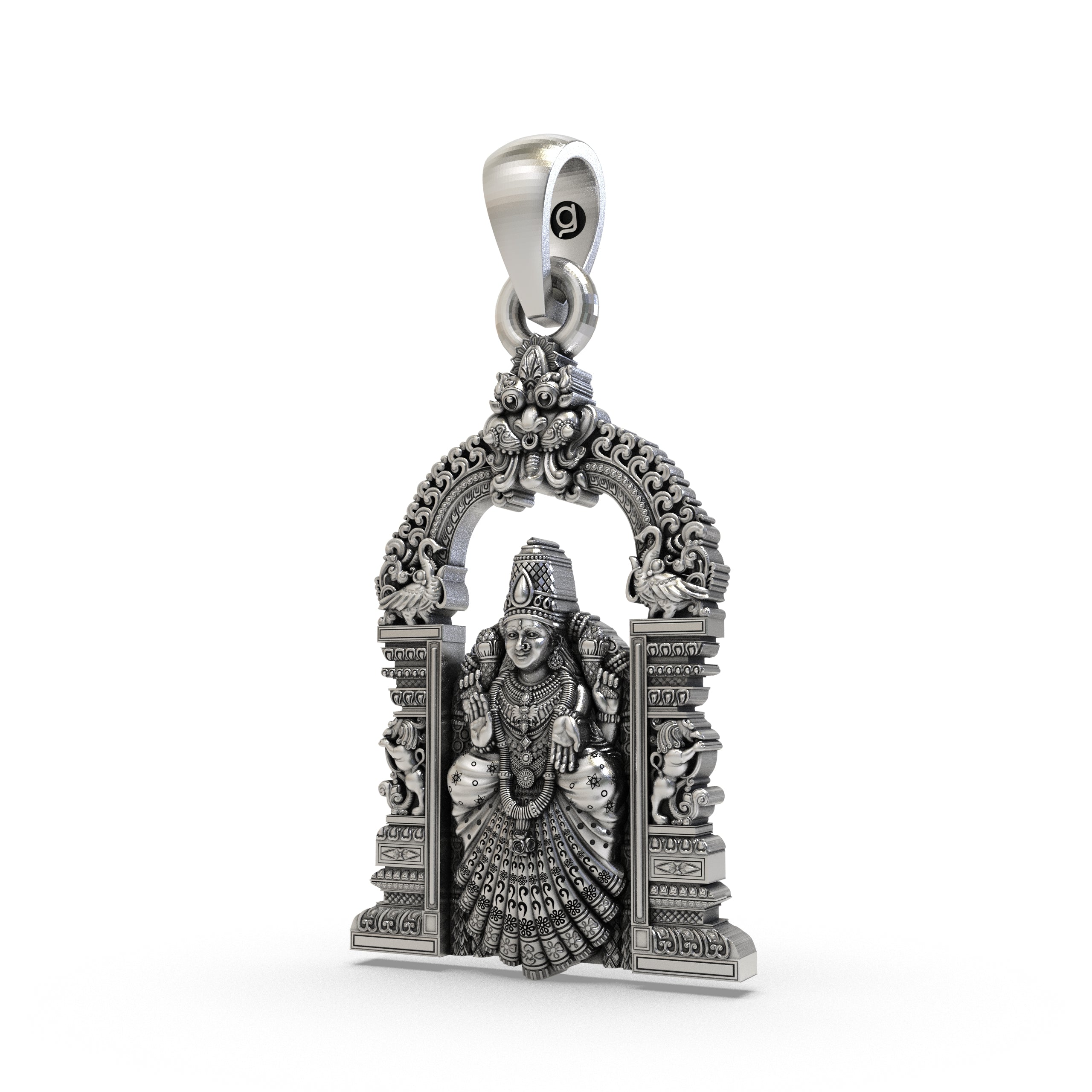 Angled view of the oxidized 925 silver Alamelu Manga Padmavathi pendant highlighting its detailed carvings.