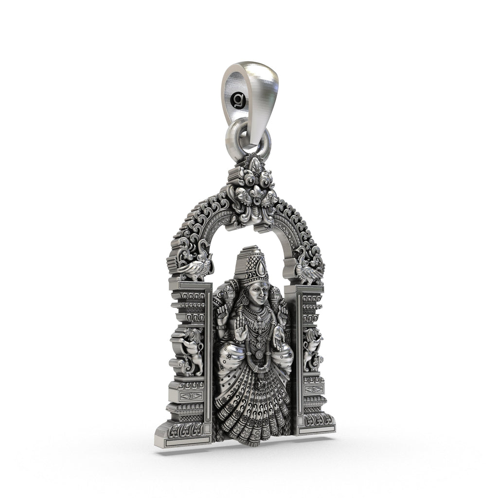 Close-up detail of the Goddess Padmavathi Devi's face on the handcrafted 925 sterling silver temple pendant.