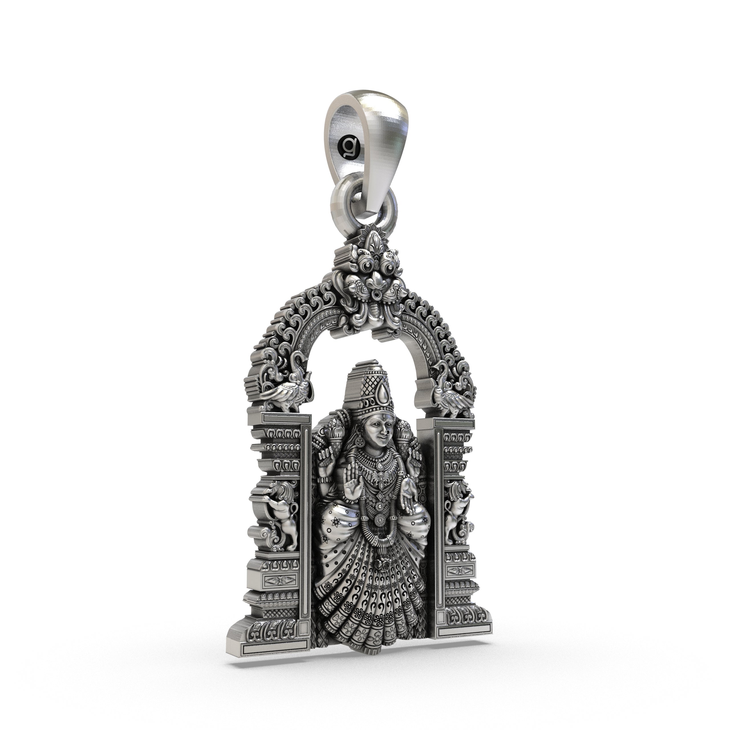 Close-up detail of the Goddess Padmavathi Devi's face on the handcrafted 925 sterling silver temple pendant.