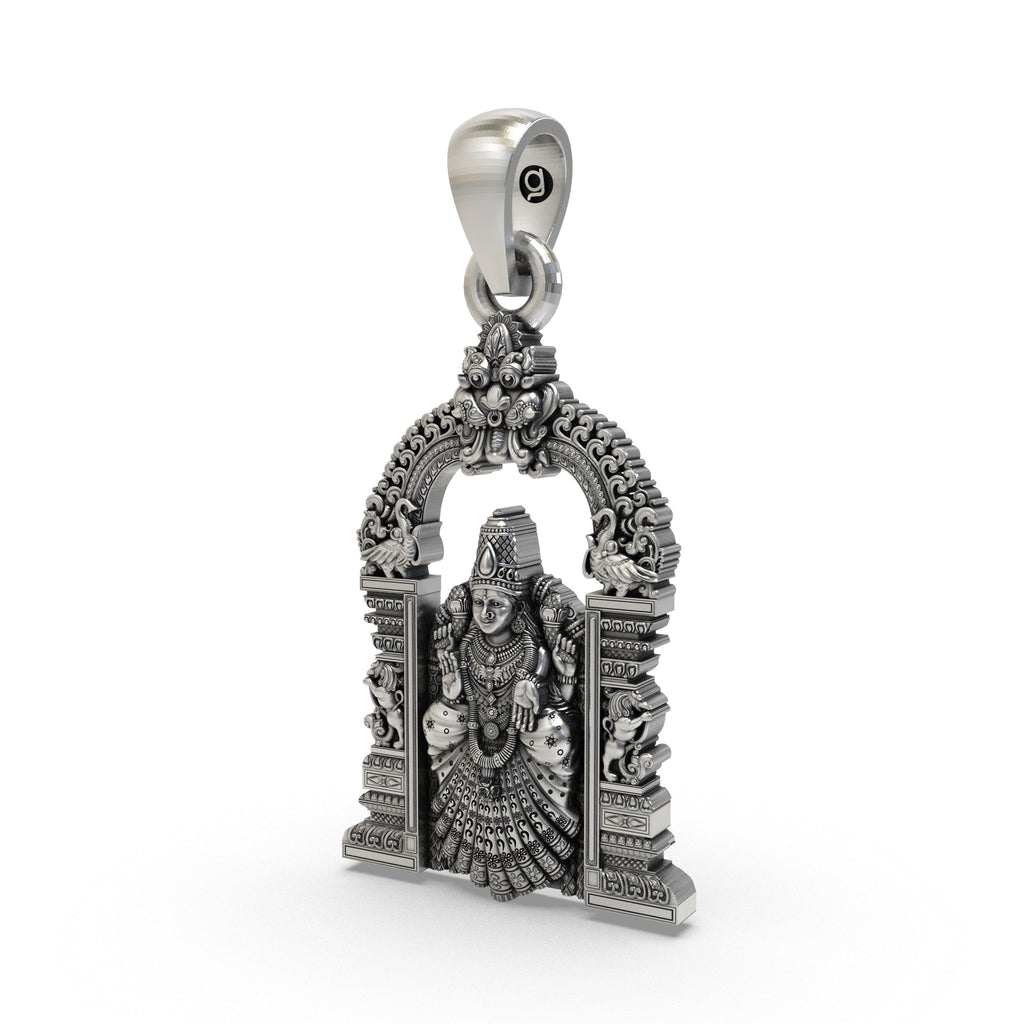 Side profile of the lightweight 925 silver Padmavathi Devi pendant, showing its hollow back design for comfort.