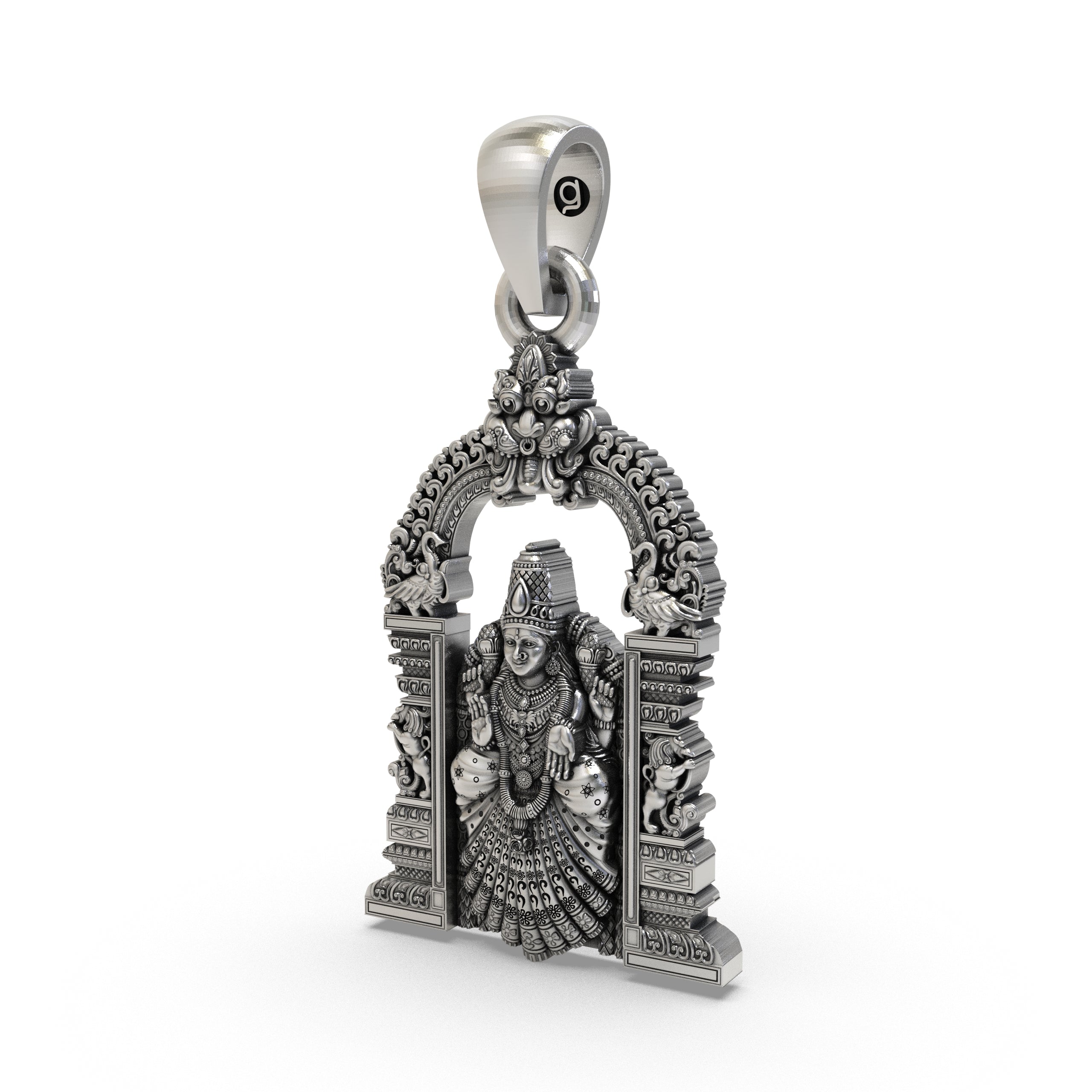 Side profile of the lightweight 925 silver Padmavathi Devi pendant, showing its hollow back design for comfort.