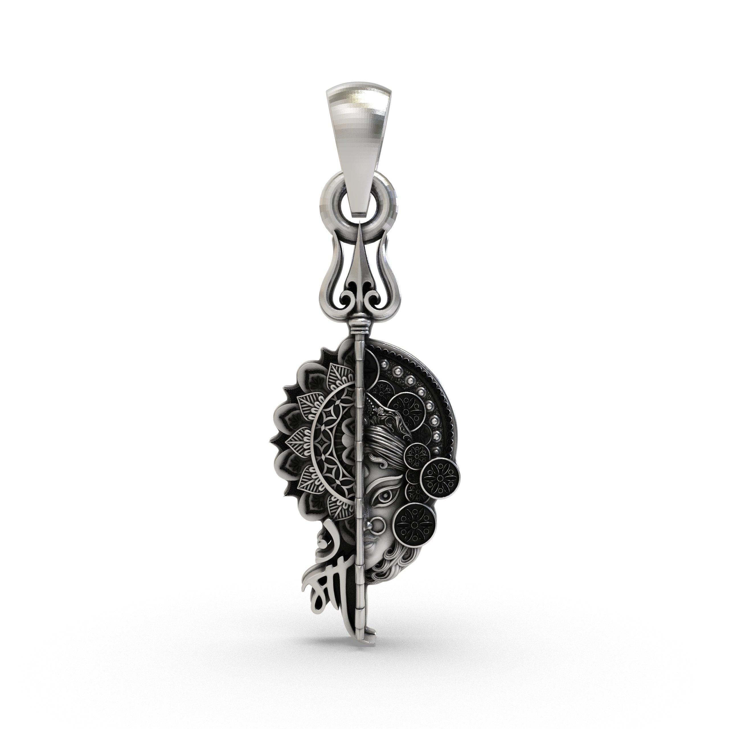 Front view of the 925 silver Maa pendant featuring the Goddess face with an antique oxidized finish. Main image