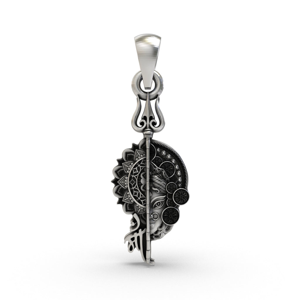 Front view of the 925 silver Maa pendant featuring the Goddess face with an antique oxidized finish.
