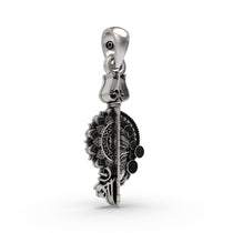 Close-up detail of the intricate craftsmanship on the oxidized 925 silver Maa goddess pendant.
