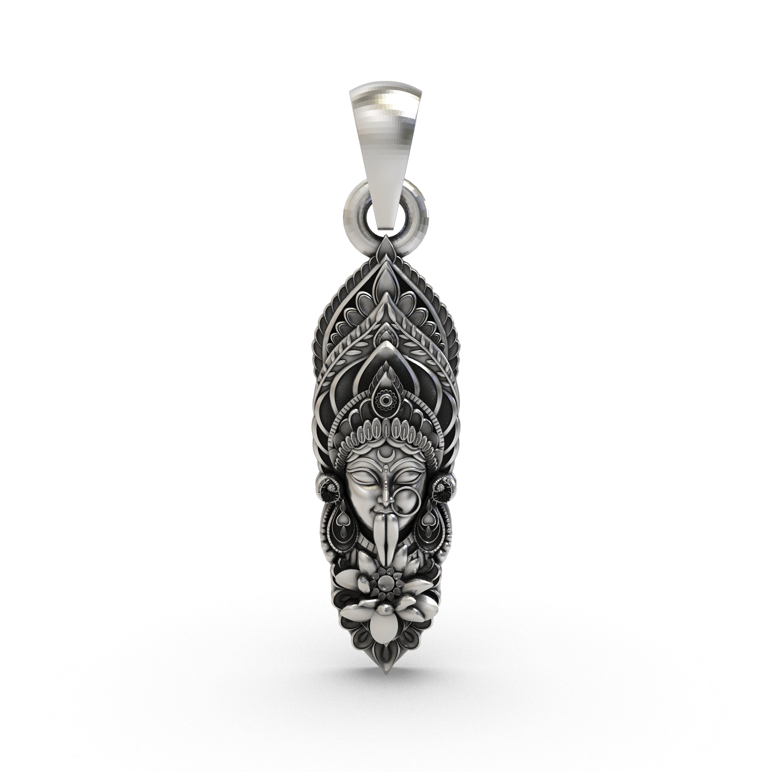 Front view of the 925 Silver Kalimaa Face Pendant showing the fierce goddess expression and oxidized finish. Main image