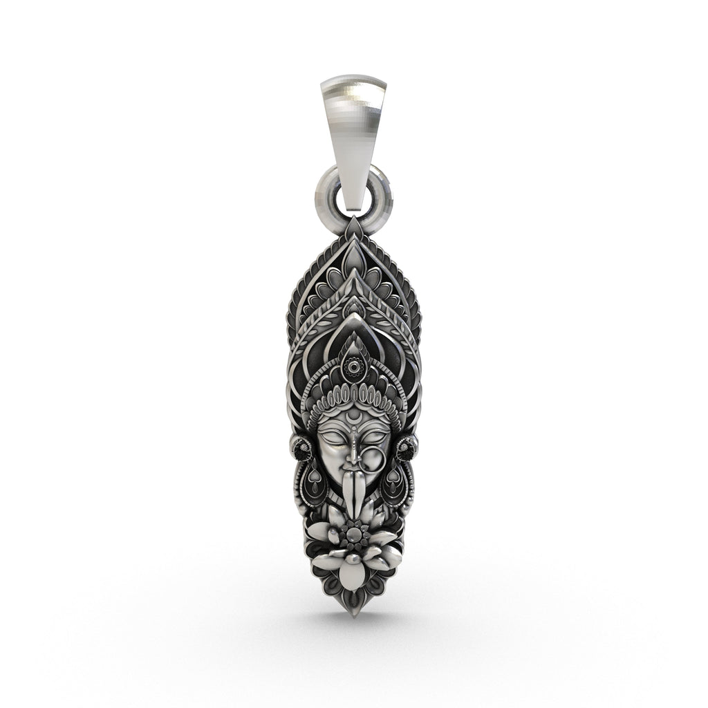 Front view of the 925 Silver Kalimaa Face Pendant showing the fierce goddess expression and oxidized finish.