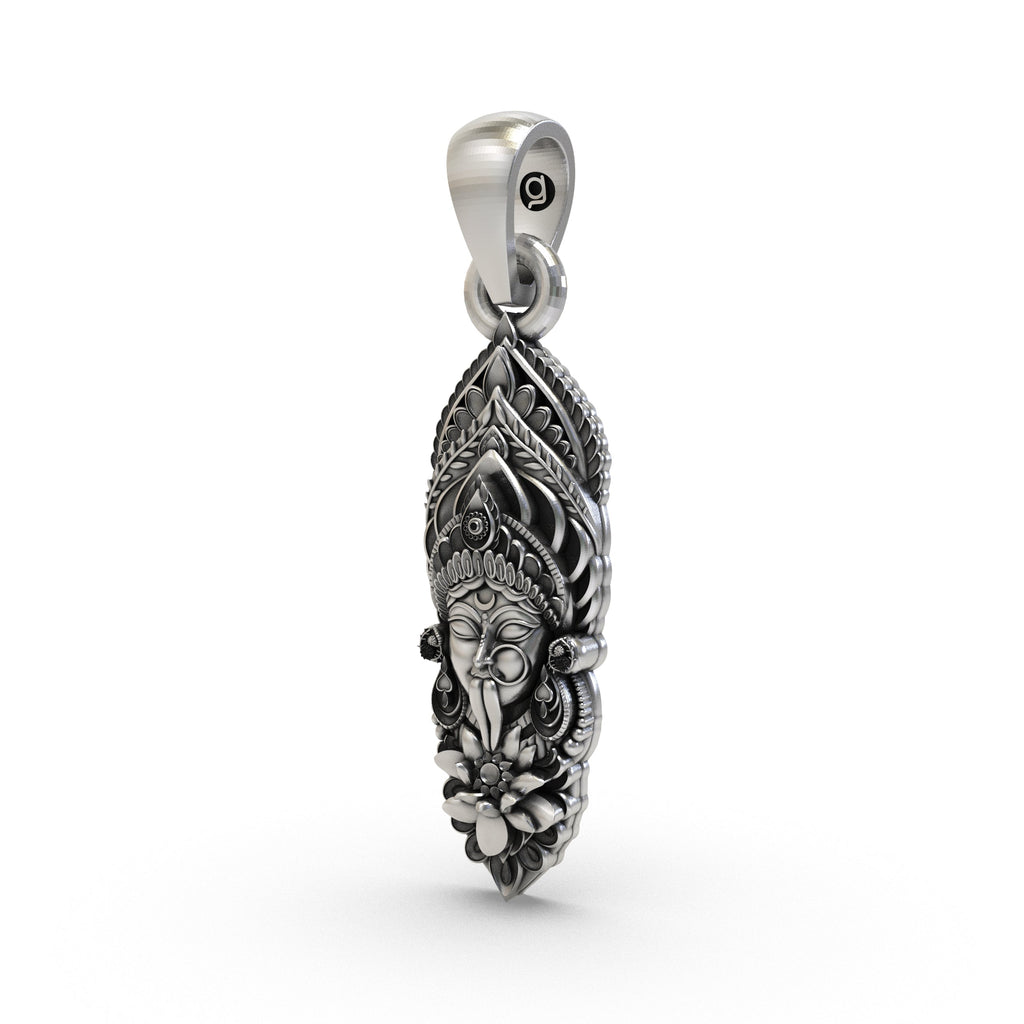 Angled view of the handcrafted Silver Kali Maa Pendant, highlighting its detailed 3D craftsmanship and antique look.