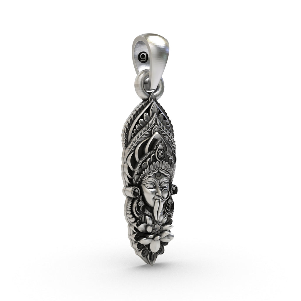 Detailed close-up of the Sterling Silver Kalimaa Face Pendant, focusing on the intricate silverwork and symbolic details.