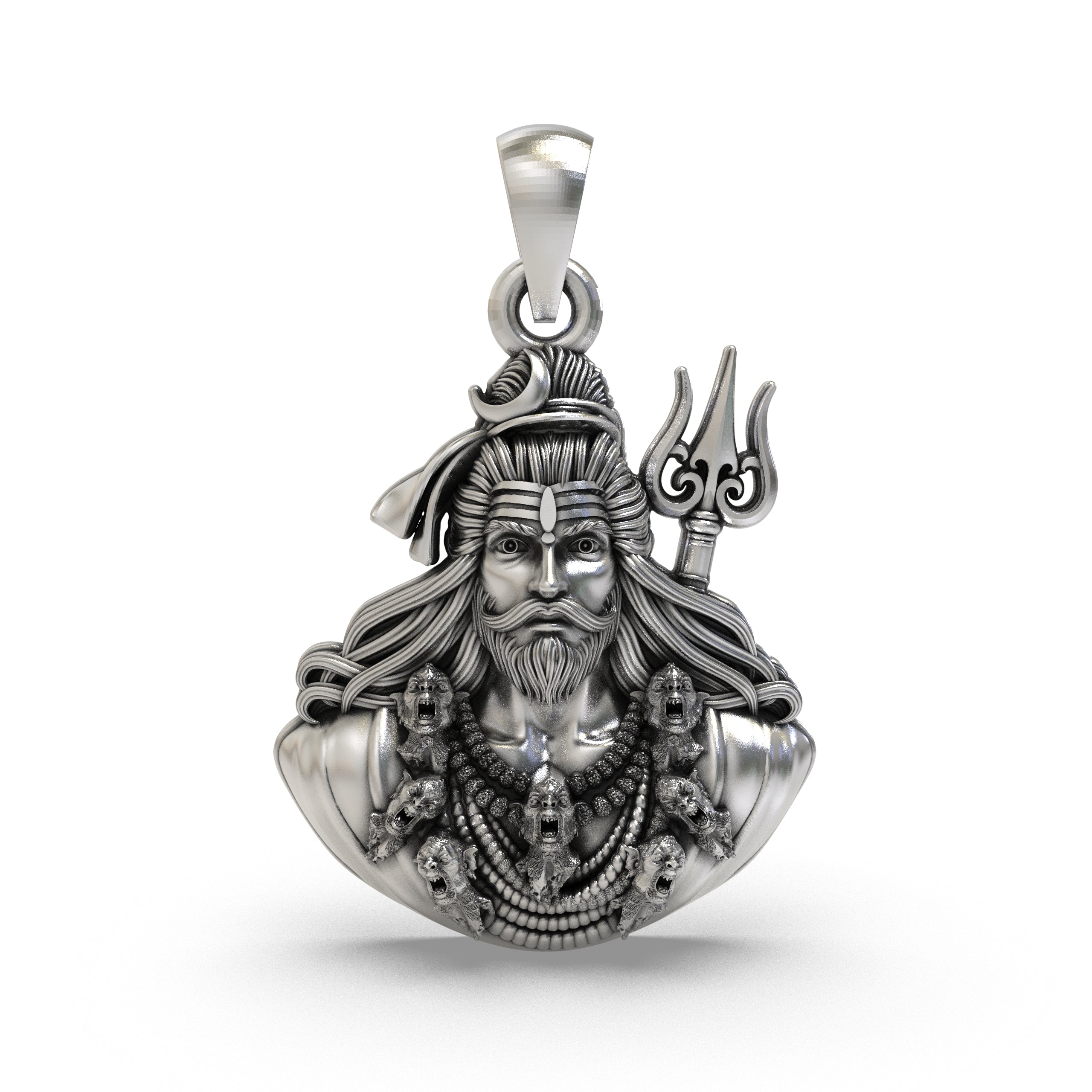 A detailed front view of the 925 silver Shiva face pendant, showing Mahadev's serene expression and oxidized finish. Main image