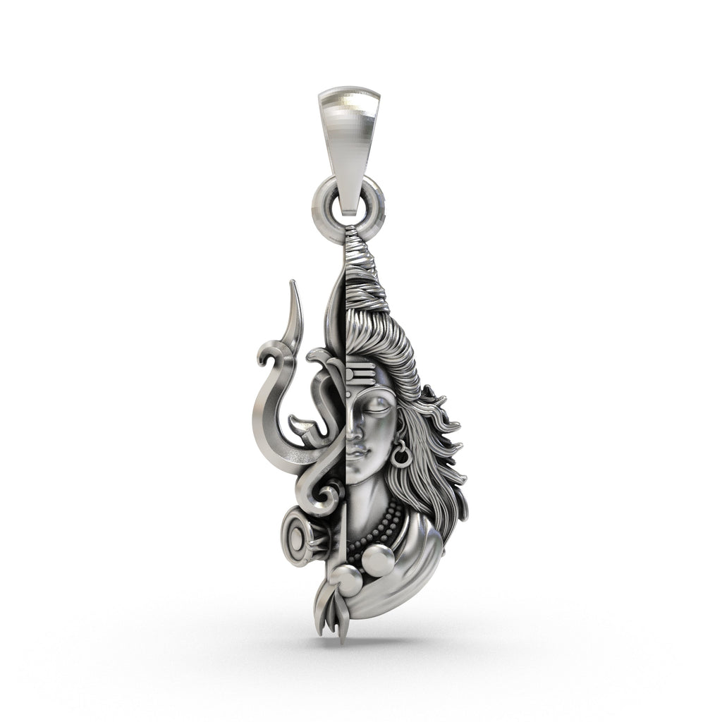 Front view of the 925 silver Shiva Trishul pendant showing the combined half-face of Mahadev and the trident.