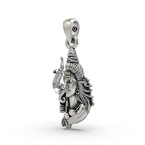 Angled shot of the oxidized 925 silver Shiva Trishul pendant highlighting the intricate details on the Mahadev face.