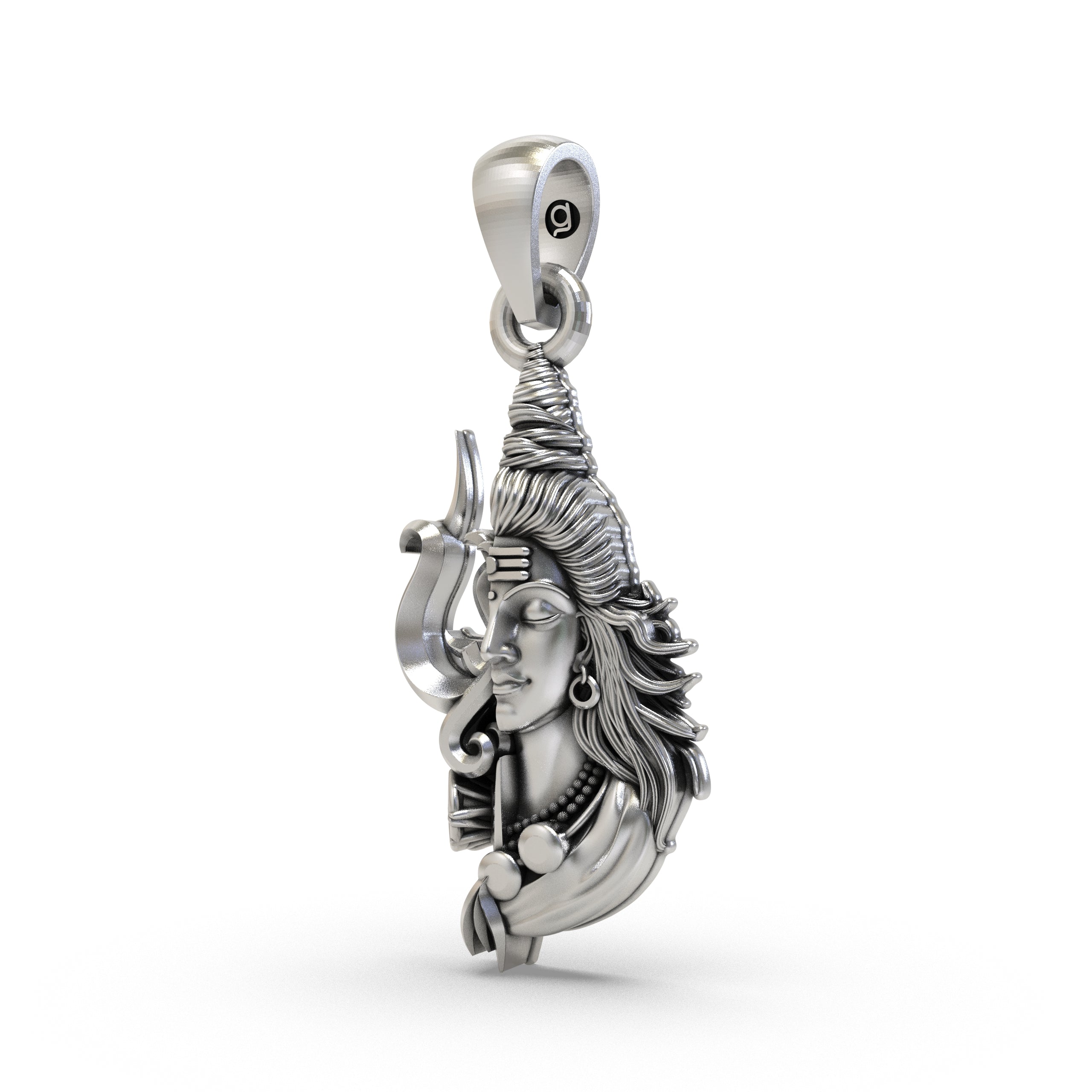 Angled shot of the oxidized 925 silver Shiva Trishul pendant highlighting the intricate details on the Mahadev face.