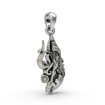 Close-up detail of the spiritual 925 silver Shiva Trishul pendant, focusing on the oxidized finish and craftsmanship.