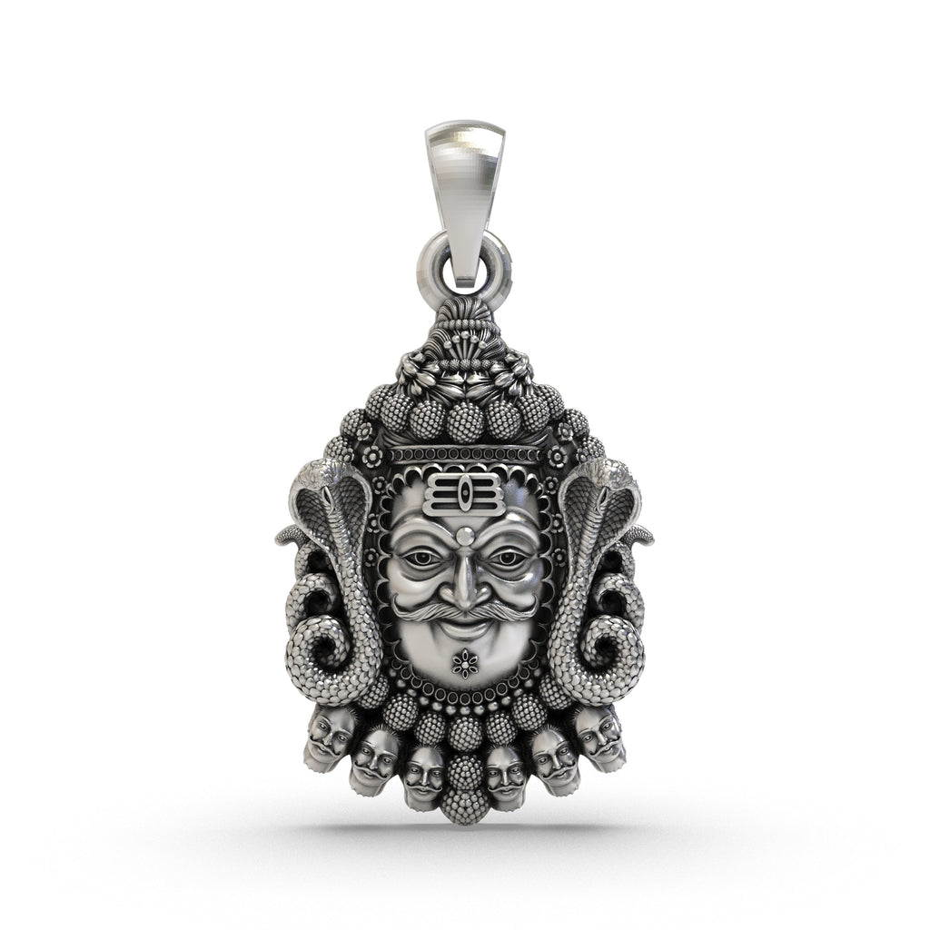 Front view of the 925 silver Ujjain Mahakal pendant showing intricate handcrafted details and an oxidized finish.