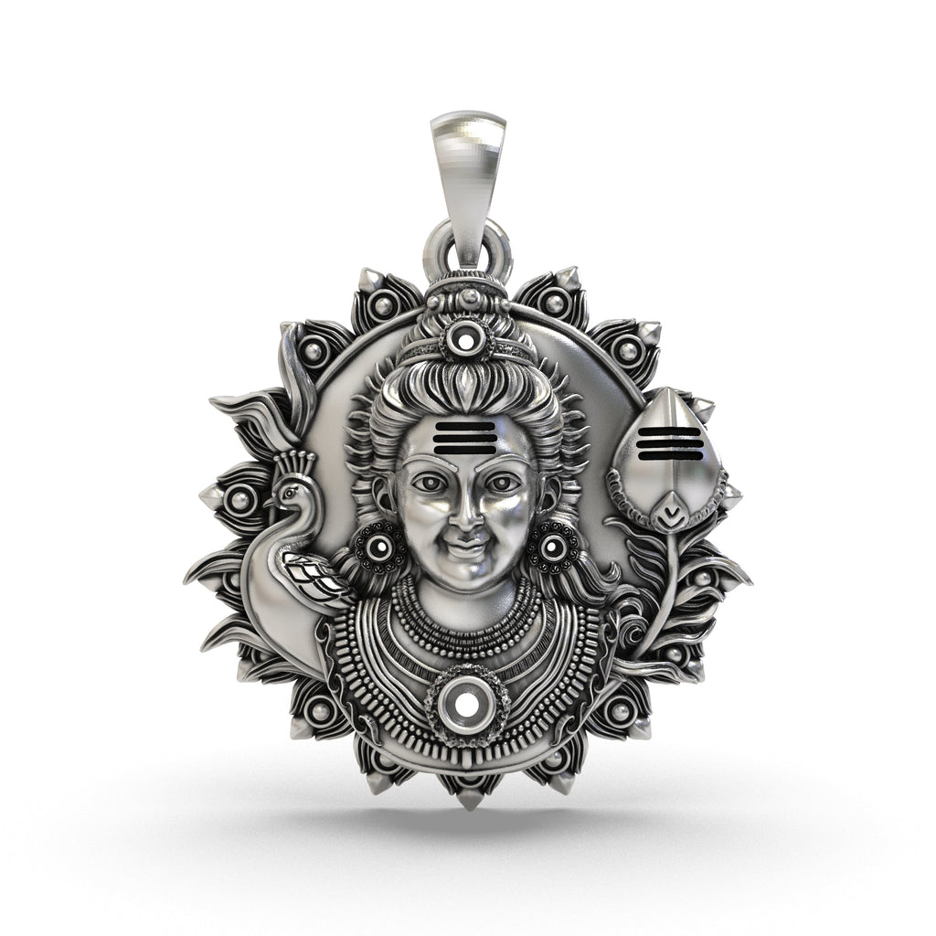 Front view of the handcrafted 925 silver Lord Murugan pendant, showcasing its intricate design and oxidized finish.
