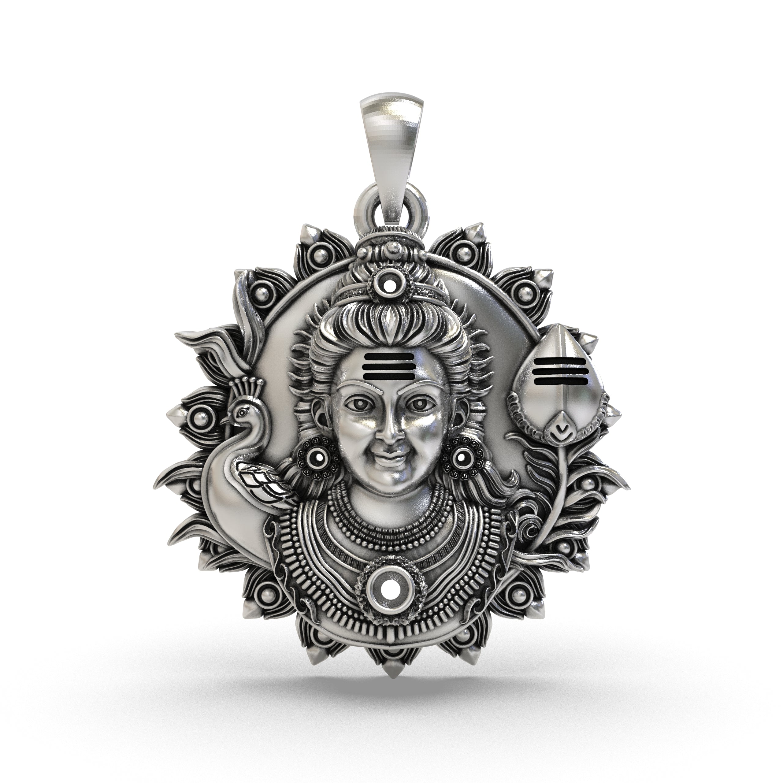 Front view of the handcrafted 925 silver Lord Murugan pendant, showcasing its intricate design and oxidized finish.