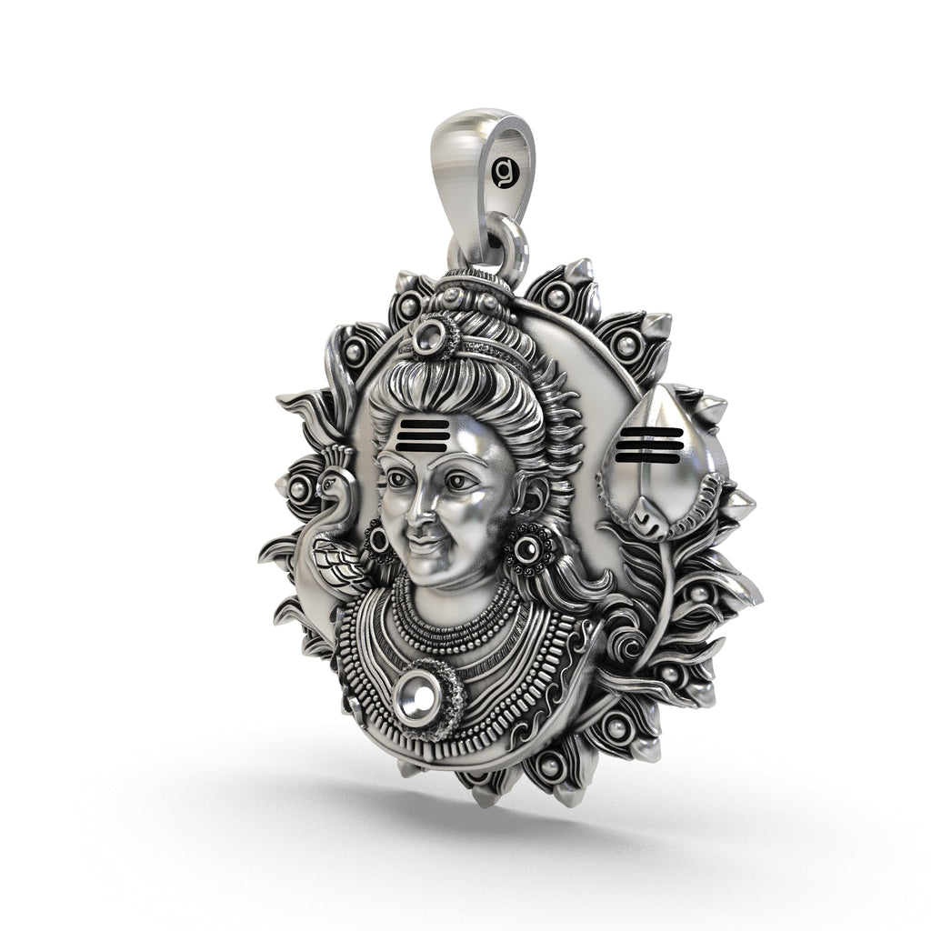 An angled profile view of the 925 sterling silver Murugan pendant, highlighting its three-dimensional craftsmanship.