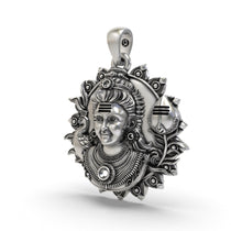 Detailed close-up of the Lord Murugan pendant in oxidized 925 silver, focusing on the divine facial features.