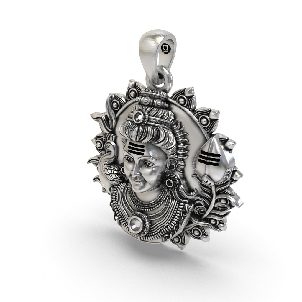 The 925 silver Murugan spiritual protection pendant worn on a chain, showing its size and elegant look for men and women.