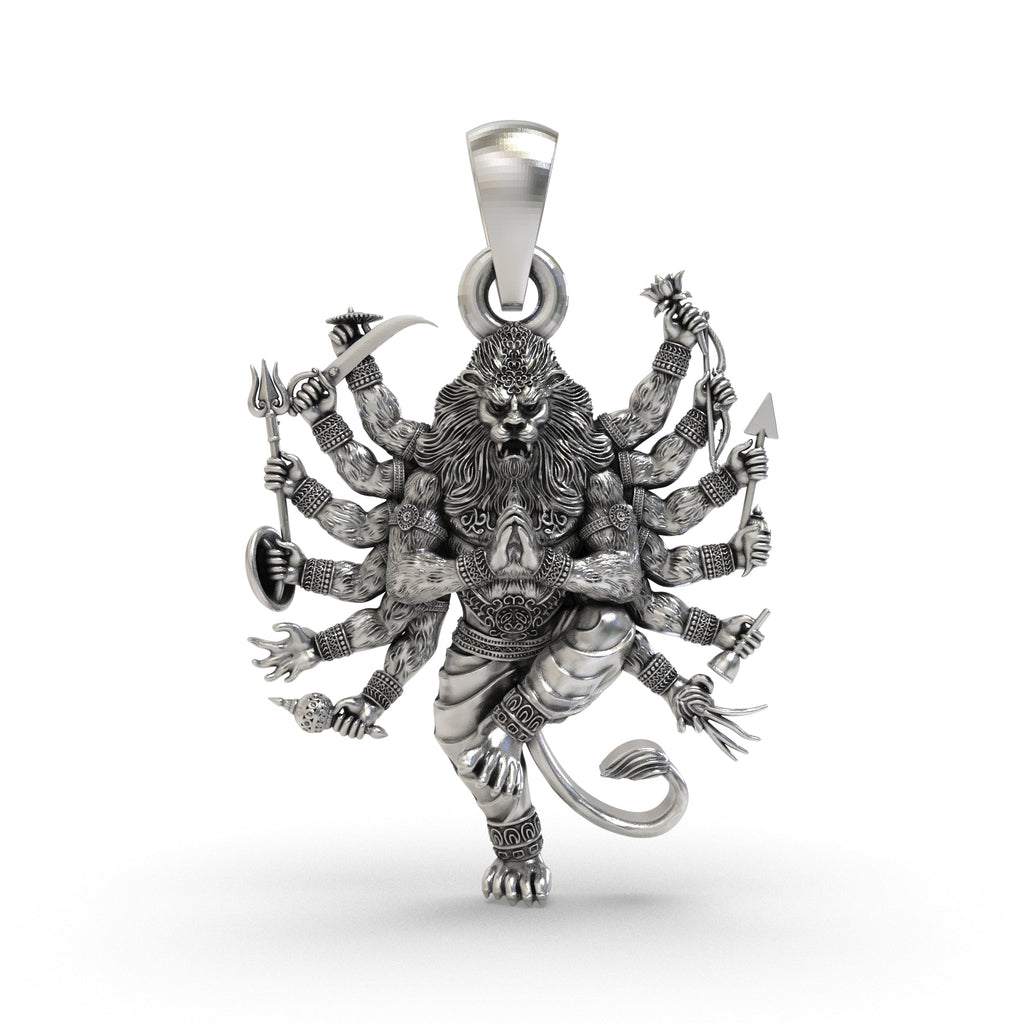 Front view of the 925 Silver Narsimha Pendant, showcasing the handcrafted oxidized details of the deity's fierce face.