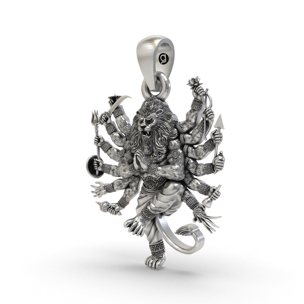 Angled profile view of the Lord Narsimha pendant in 925 silver, highlighting its dimensional design and antique finish.