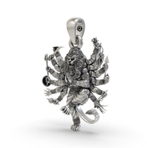 Angled profile view of the Lord Narsimha pendant in 925 silver, highlighting its dimensional design and antique finish.