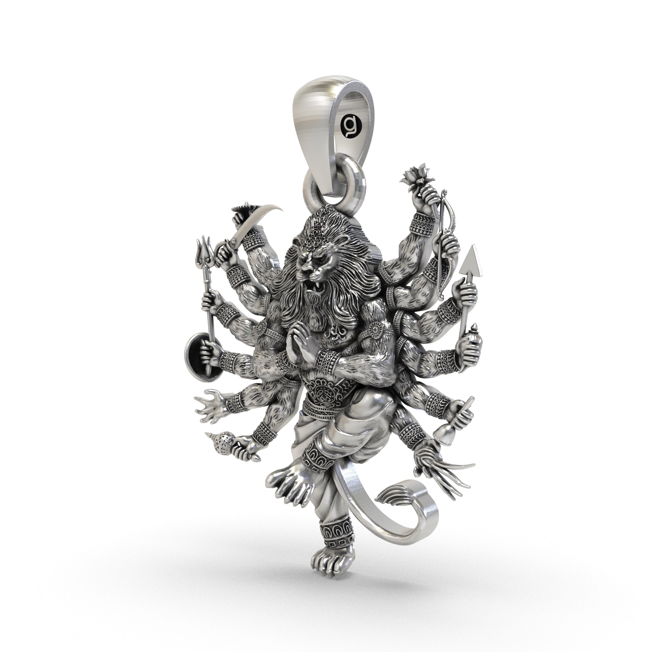 Angled profile view of the Lord Narsimha pendant in 925 silver, highlighting its dimensional design and antique finish.