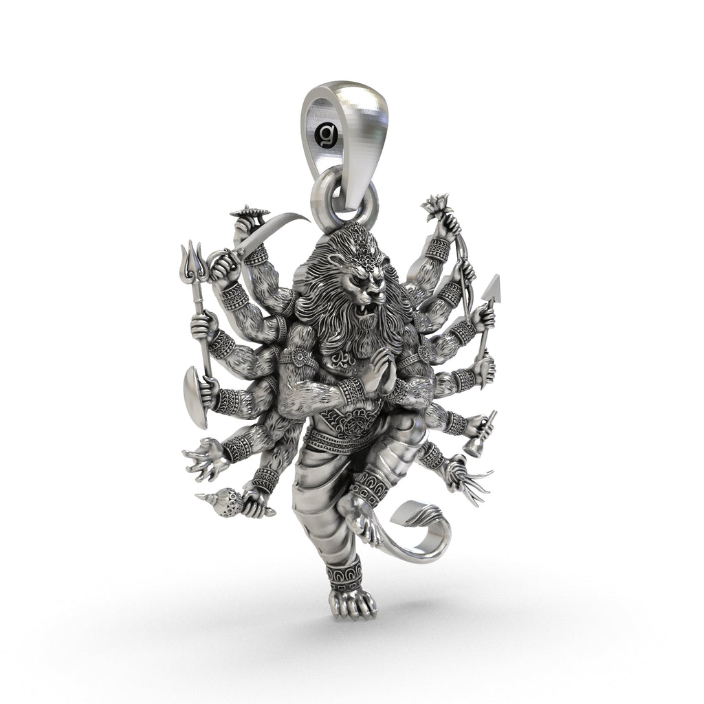 Detailed close-up of the 925 Silver Narsimha Pendant, emphasizing the intricate craftsmanship and powerful expression.