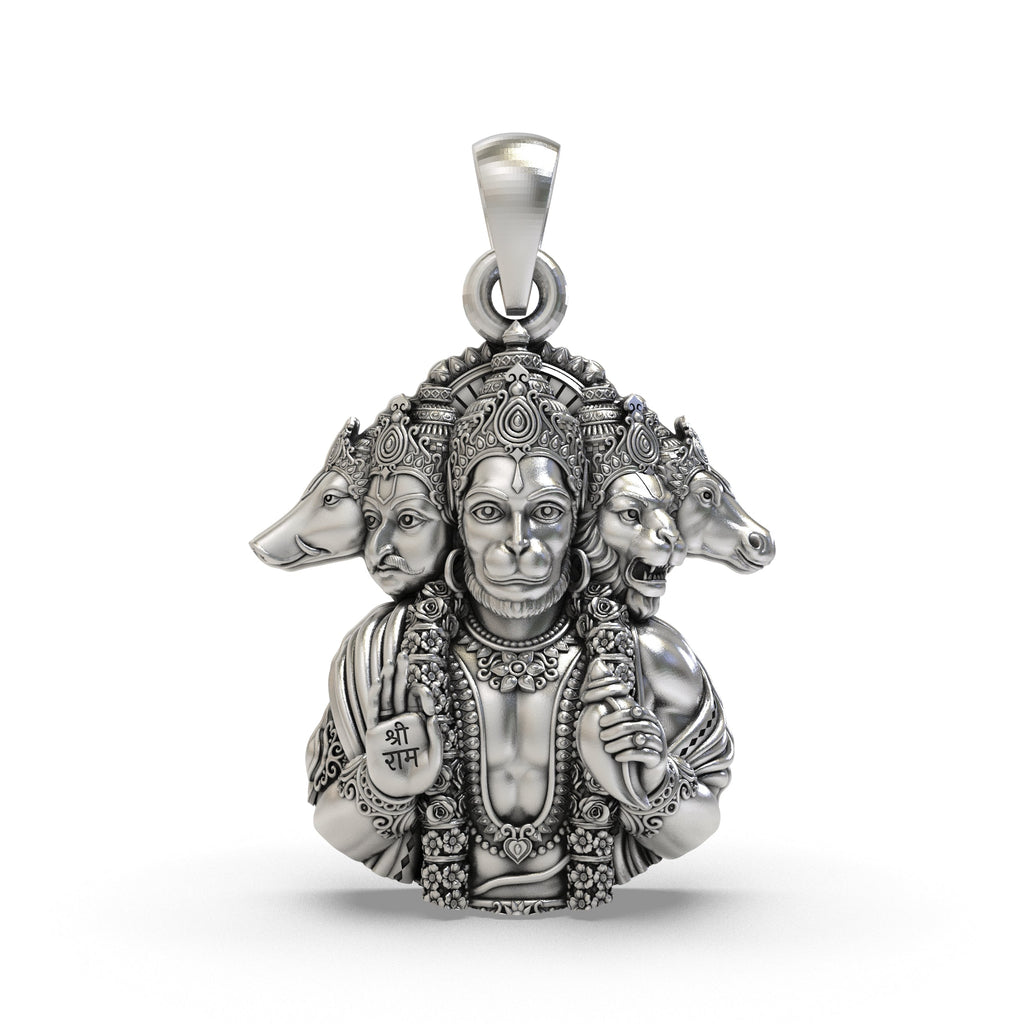 Front view of the 925 silver Panchmukhi Hanumanji pendant showing the five divine faces and intricate details.