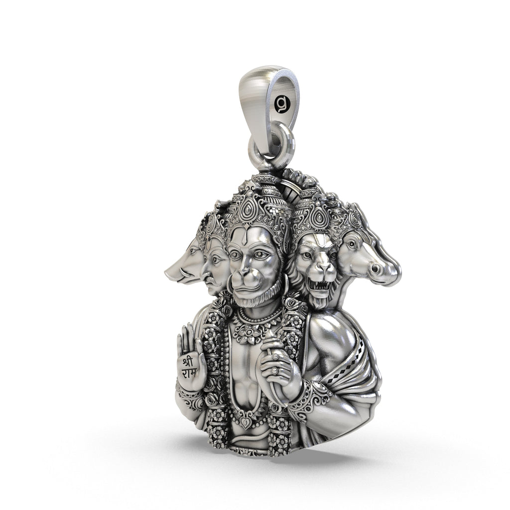 Angled side profile of the oxidized 925 silver Panchmukhi Hanumanji pendant, highlighting its crafted depth.